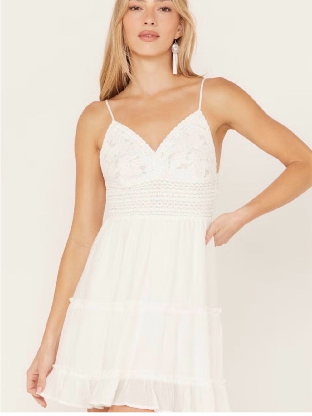 Shyanne White Crochet Bodice Spaghetti Strap Mini Dress